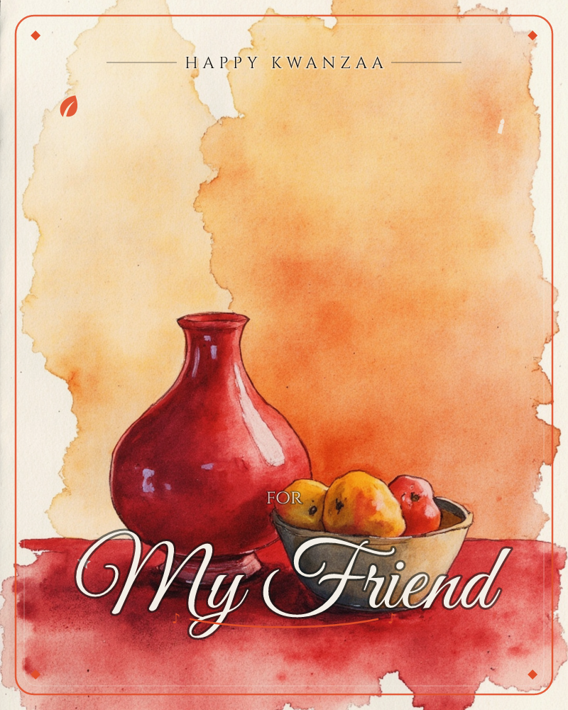 A round-bellied red vase stands beside a shallow bowl of pears and apples, painted in loose watercolour washes of gold and orange that bleed softly…, a kwanzaa e-card design