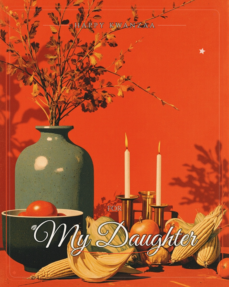 A still life glows against a deep burnt-orange wall, where a speckled sage-green vase holds branches of autumn leaves casting long shadows behind them, a kwanzaa e-card design