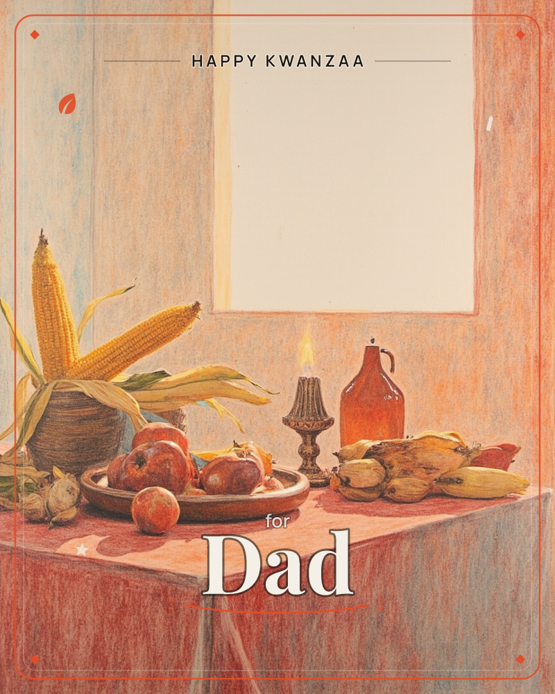 A still-life table is set before a bright window, with husked corn cobs propped in a woven basket, a plate of ripe pomegranates and an apple, small…, a kwanzaa e-card design