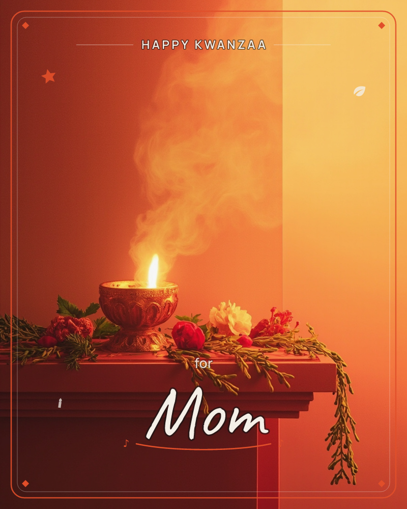 A small ornate metal bowl holds a single lit candle on a mantel, its flame trailing a soft curl of smoke against a warm orange wall, a kwanzaa e-card design