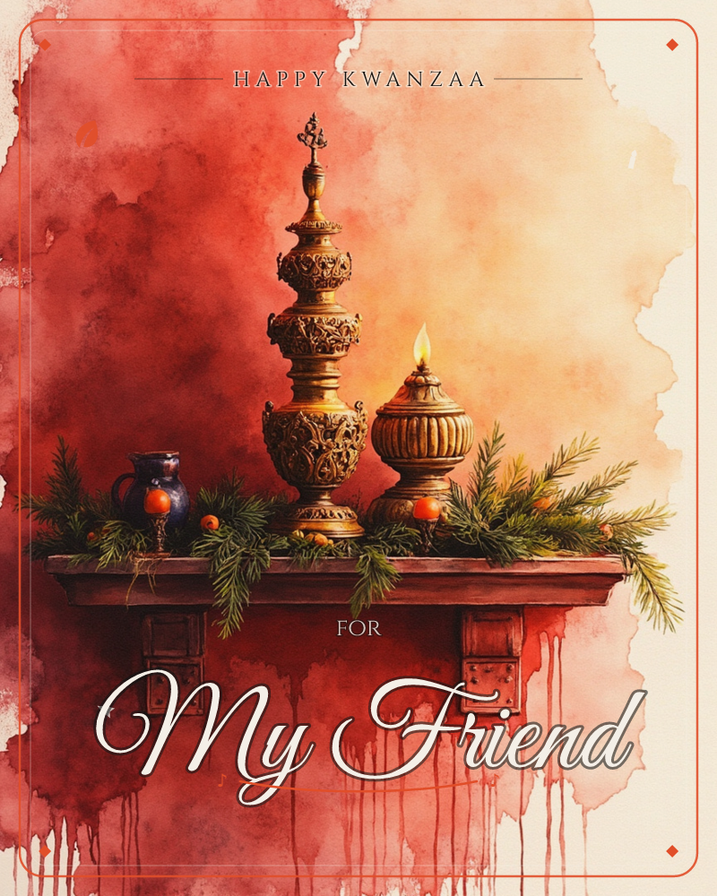 A wooden mantel shelf holds an ornate brass finial, a small lit oil lamp, and a dark blue jug, all nestled among sprigs of pine and tiny orange baubles, a kwanzaa e-card design