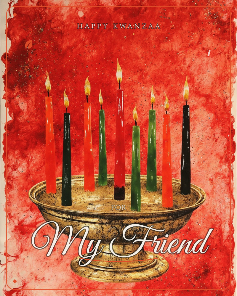 Nine slender candles in red, black and green rise unevenly from a weathered brass bowl on a pedestal, each flame lit and glowing, a kwanzaa e-card design