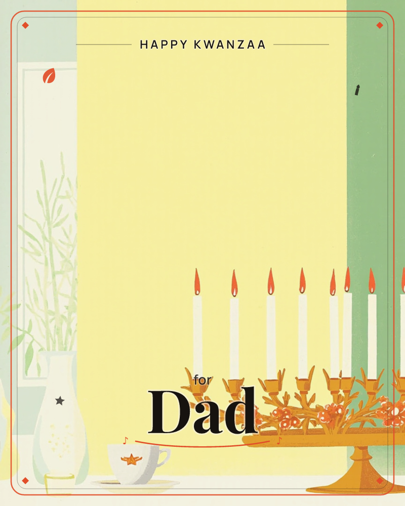 A row of lit white candles stands in a golden branch-shaped holder decorated with small red berries, set on a mantel beside a pale teal vase and a…, a kwanzaa e-card design