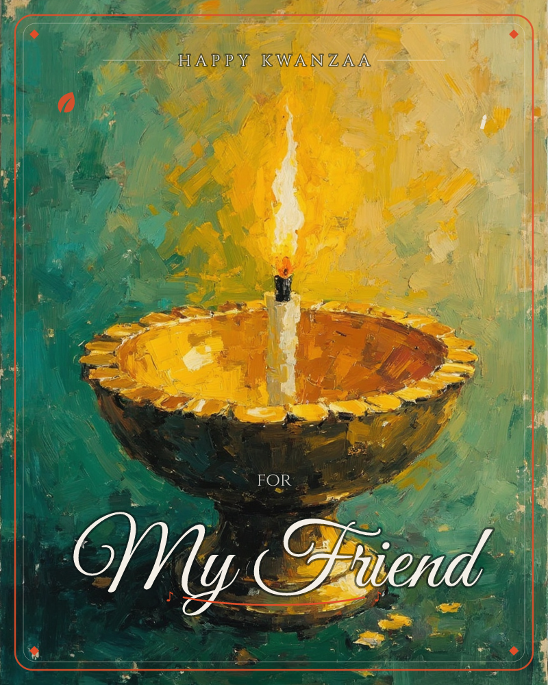 A single candle burns in a scalloped-rim brass bowl set on a pedestal base, its flame painted in thick, glowing strokes of yellow and white against a…, a kwanzaa e-card design