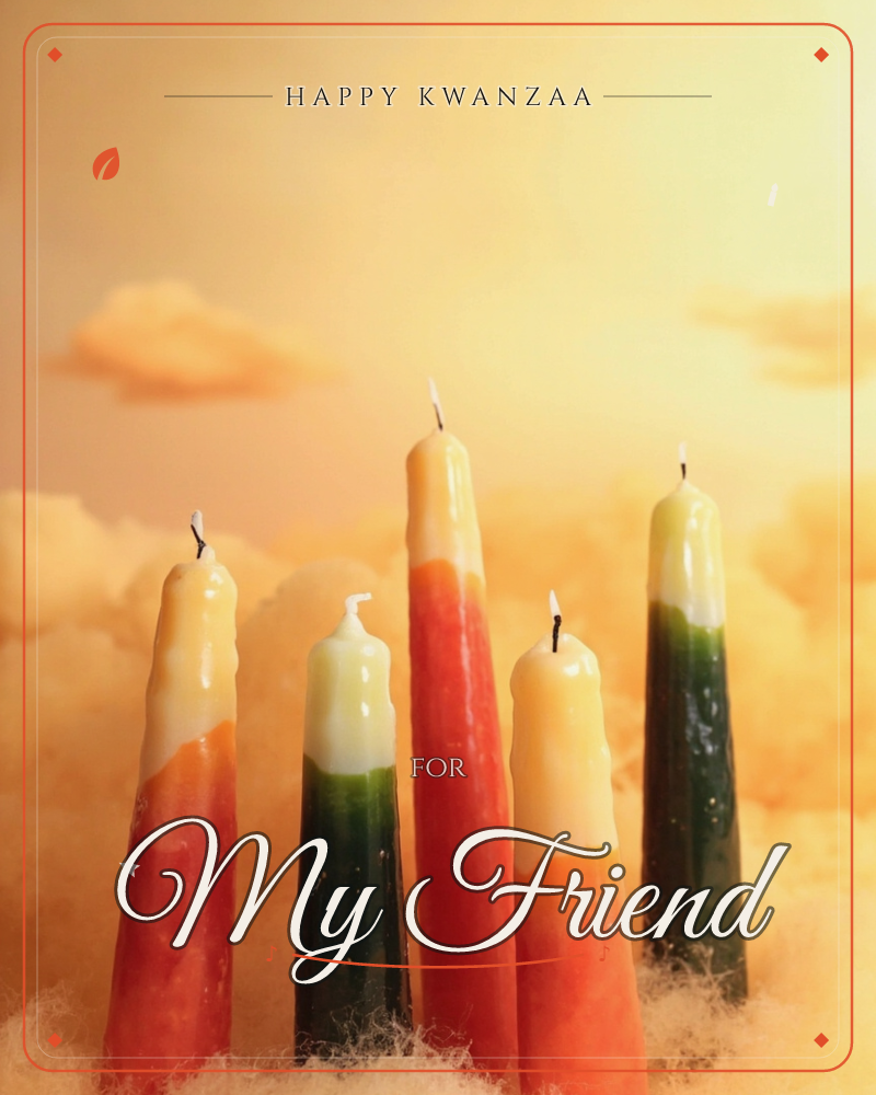 Five unlit taper candles in varying heights stand together, each dipped in bands of terracotta orange, forest green and cream wax, a kwanzaa e-card design