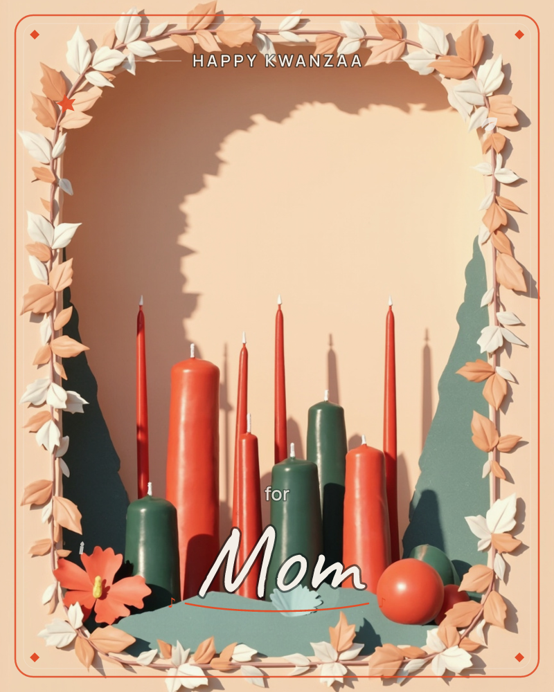 A cluster of terracotta and forest-green candles, tall tapers and stout pillars alike, stands grouped against a soft peach backdrop with painted…, a kwanzaa e-card design