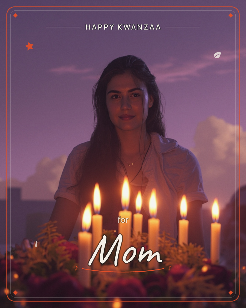 A woman stands behind a row of lit candles set into a wreath of dark red flowers and greenery, her face lit warm gold against a dusky violet sky…, a kwanzaa e-card design