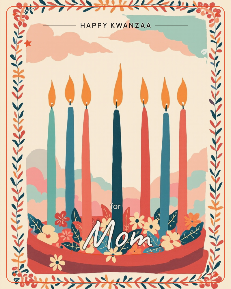 A row of seven tall tapered candles in teal, deep red and navy stand lit against a soft pink-and-cream sky, their bases nestled in a bed of painted…, a kwanzaa e-card design