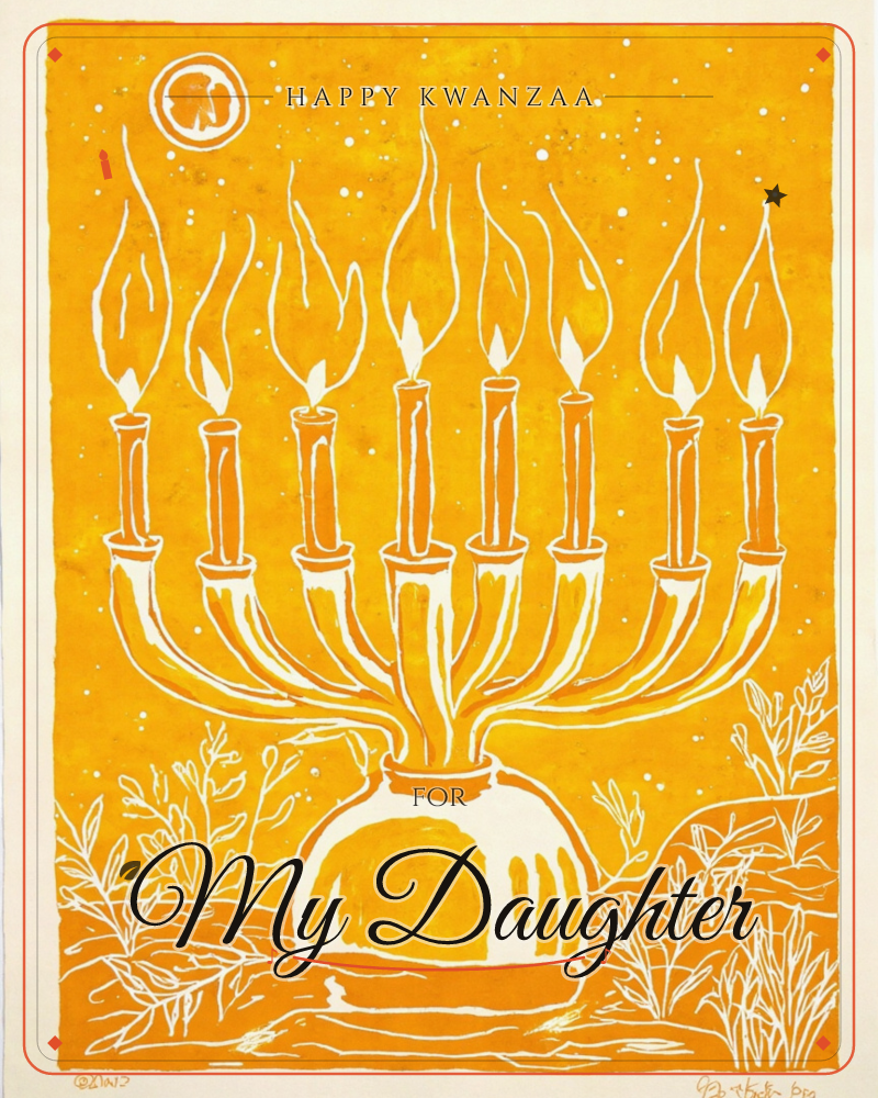 A nine-branched menorah glows against a rich amber-orange sky, its candles all lit with tall white flames outlined in bold ink, a kwanzaa e-card design