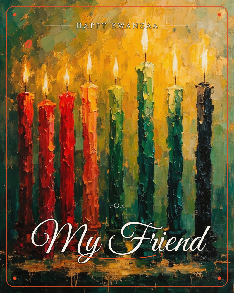 Eight thick candles stand in a row, their wax rendered in bold, textured strokes shifting from deep red through orange to forest green and near-black, a kwanzaa e-card design