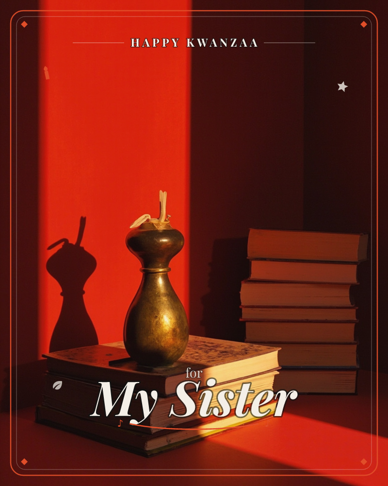 A brass pepper grinder sits atop a stack of worn books, bathed in deep red light that casts a long dramatic shadow across the wall behind it, a kwanzaa e-card design