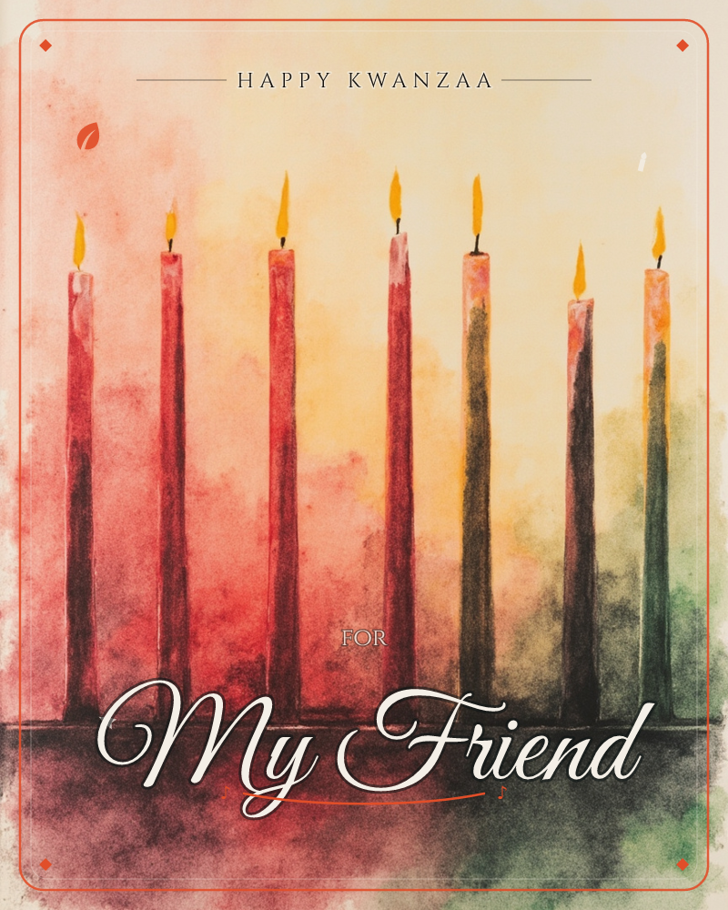 Seven tall tapered candles stand in a row against a glowing painted backdrop, their flames lit and steady, a kwanzaa e-card design
