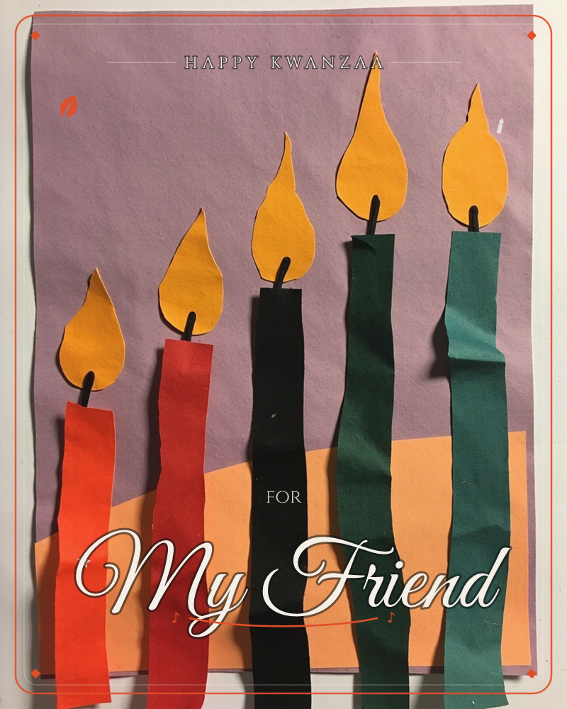 A row of five paper candles in orange, red, black, and two shades of green stand at rising heights against a mauve sky, each topped with a golden…, a kwanzaa e-card design