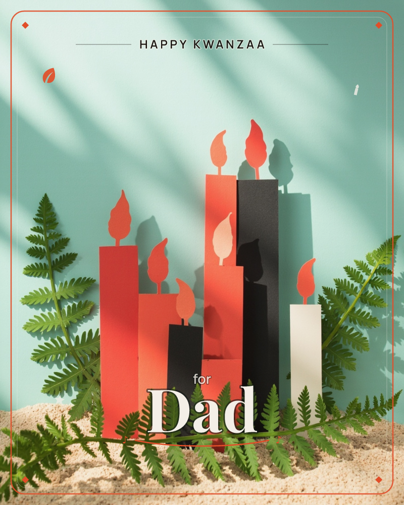 A cluster of paper-cut candles in red, black, and white stand at varying heights against a soft teal wall, their flame shapes casting long dramatic…, a kwanzaa e-card design