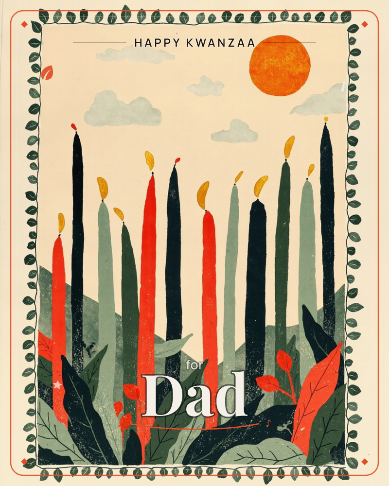 A row of tall, slender candles in black, sage green and red stand like a small forest against a pale cream sky, each tipped with a golden flame, a kwanzaa e-card design