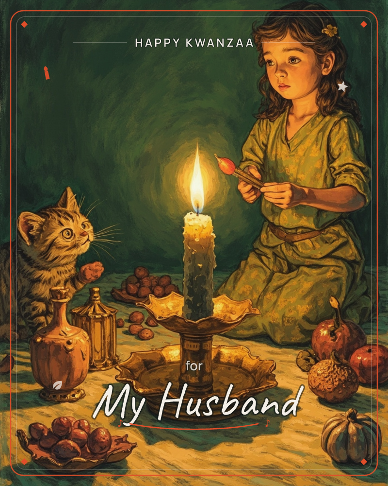 A child in a golden-green dress kneels beside a tall candle in an ornate brass holder, holding a lit match up to it while a tabby kitten watches with…, a kwanzaa e-card design