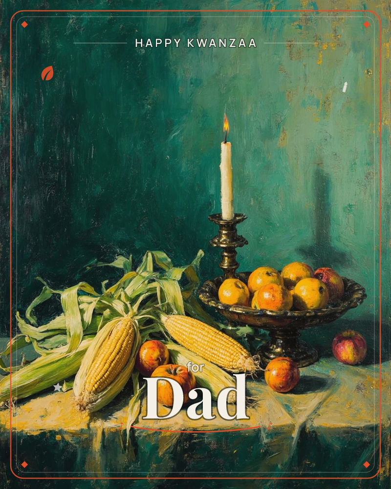 A classical still life shows husked ears of corn spilling across a draped table beside a tarnished silver bowl heaped with apples, a single lit candle…, a kwanzaa e-card design