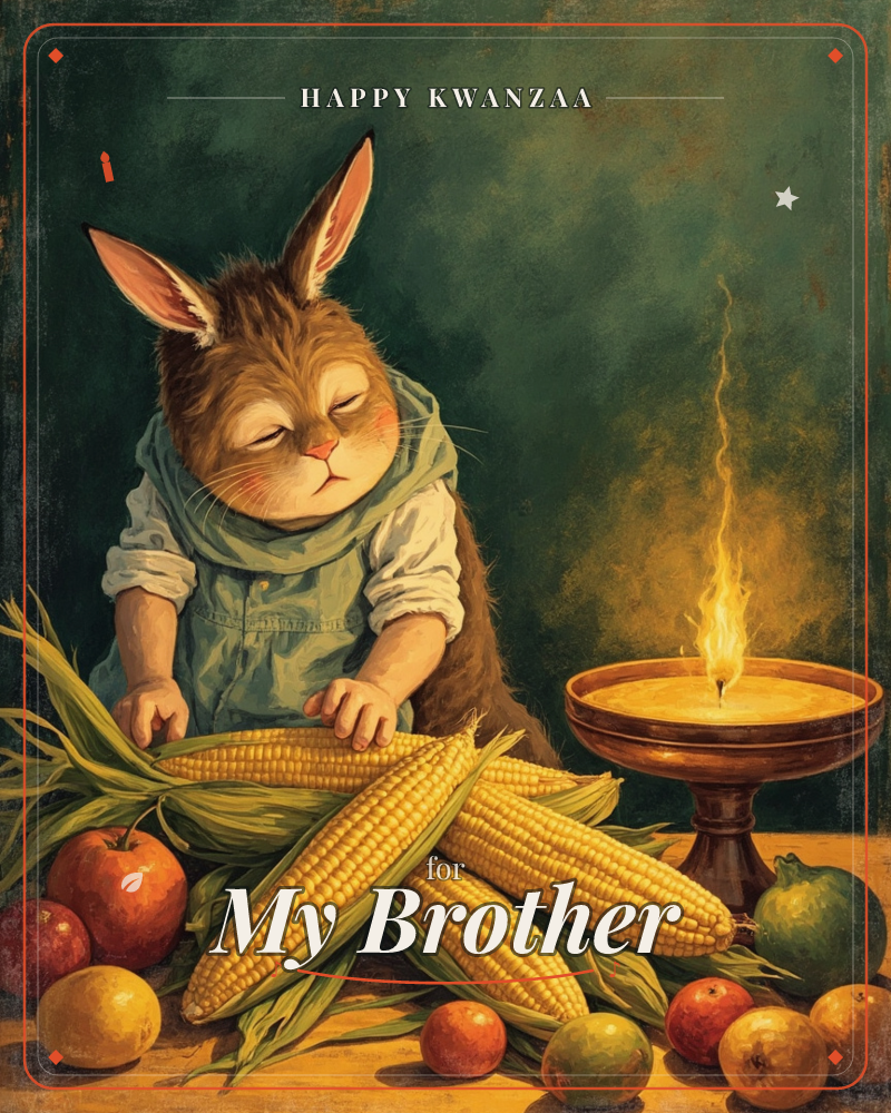 A rabbit dressed in a soft denim shirt and pale green scarf stands over a table piled with fresh corn husks and apples, eyes closed as if in quiet thanks, a kwanzaa e-card design