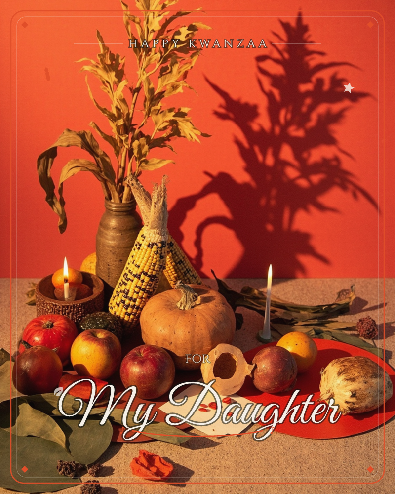 A harvest still life glows against a deep red wall, with dried corn husks casting a huge feathery shadow above a cluster of apples, a pumpkin, and a…, a kwanzaa e-card design