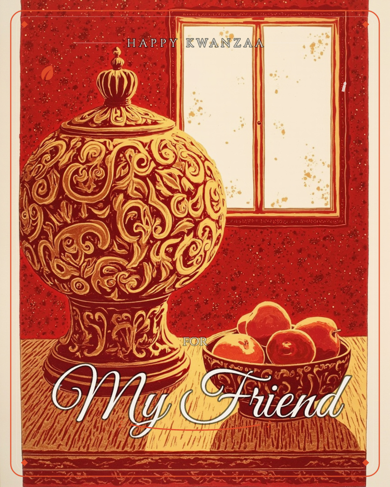 A richly patterned red-and-gold urn with a crowned lid sits on a wooden tabletop beside a matching bowl of ripe apples, set against a deep crimson wall…, a kwanzaa e-card design