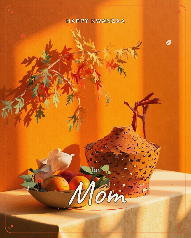 A still life glows against a deep orange wall, striped with warm bands of light and shadow, a kwanzaa e-card design
