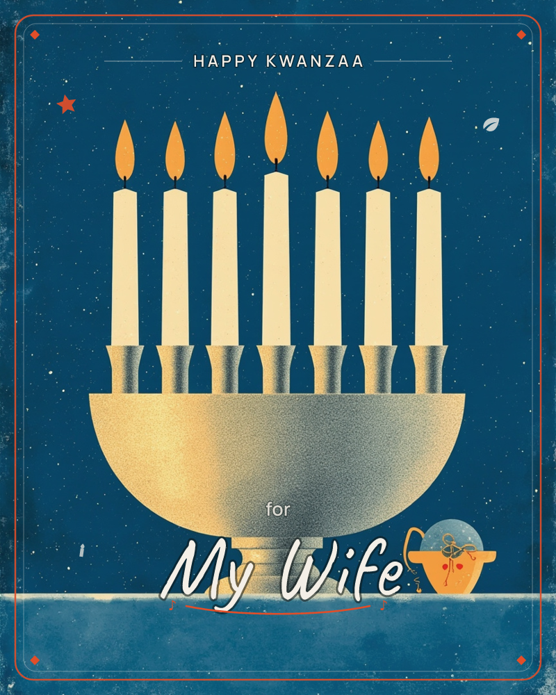 A seven-branched candelabra stands against a deep starry night sky, its silver bowl glowing warm on one side, all seven candles lit with soft orange…, a kwanzaa e-card design