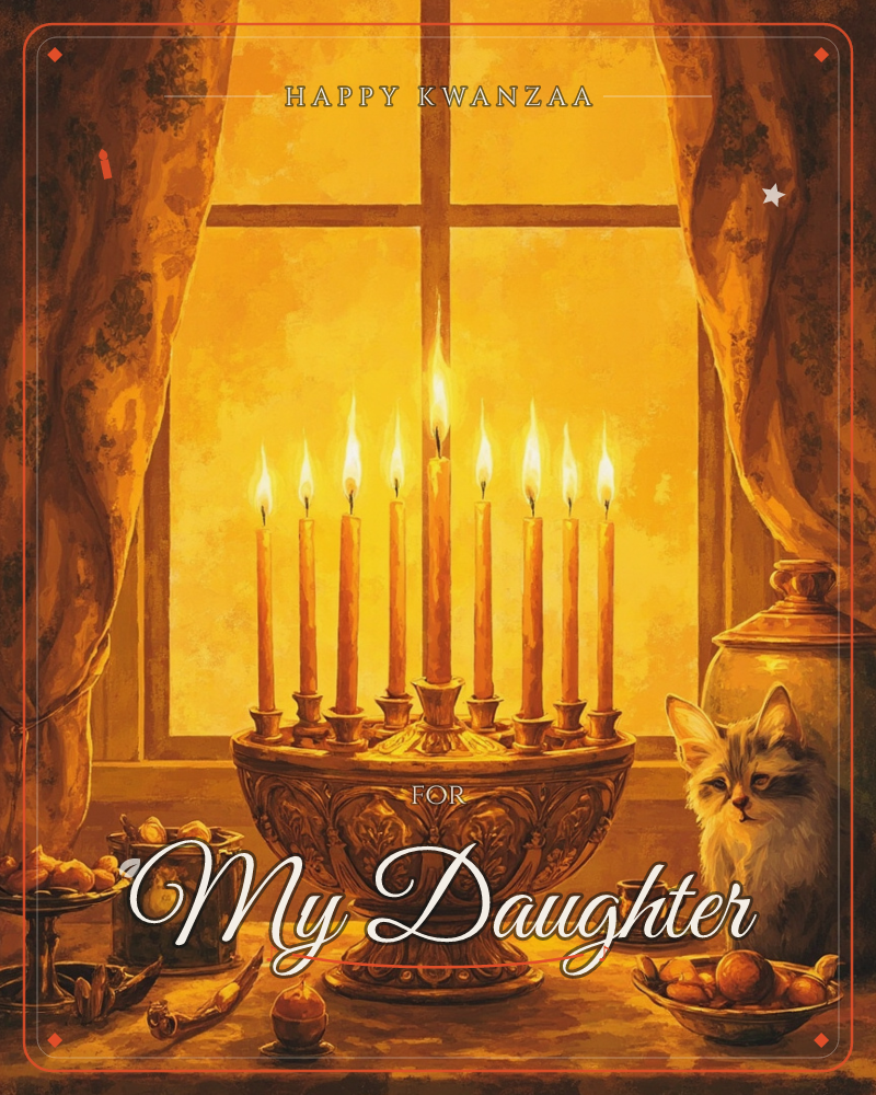 A menorah glows on a windowsill with all nine candles lit, its brass base catching the warm light against a golden dusk outside, a kwanzaa e-card design