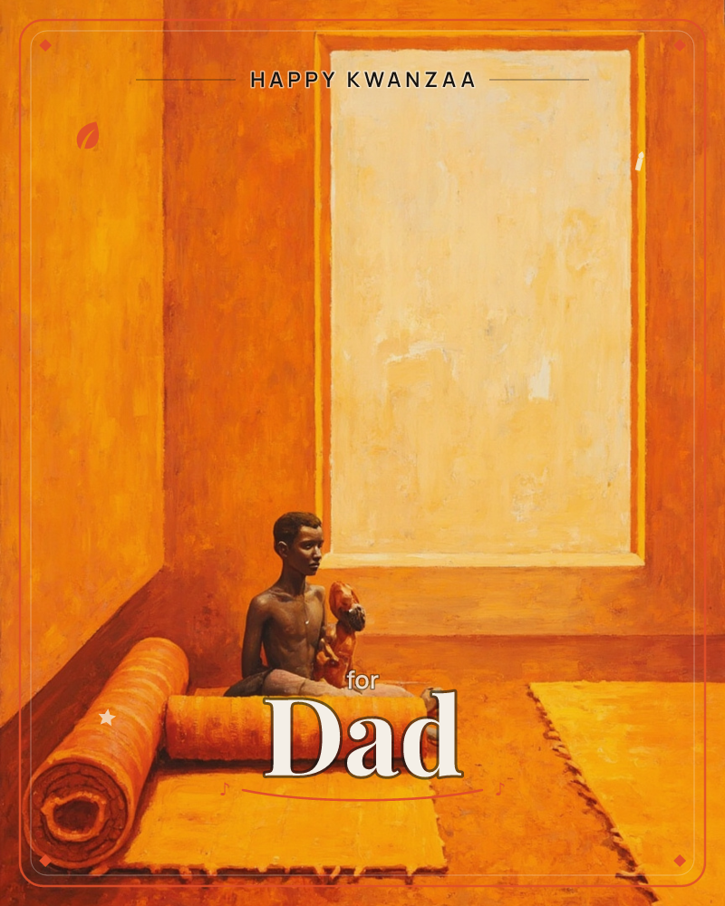 A child sits cross-legged on a rolled-up rug in a bare, sunlit room, holding a small figure close to their chest, a kwanzaa e-card design