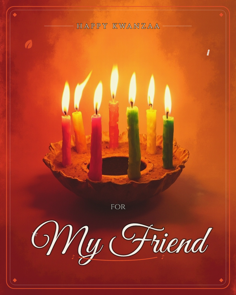 Seven brightly coloured candles stand in a scalloped clay holder, their flames glowing against a deep amber-to-black background, a kwanzaa e-card design