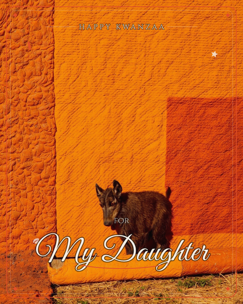 A small dark dog stands alone on a low ledge against a textured wall of stacked orange, amber and rust panels, glowing as if lit by late sun, a kwanzaa e-card design