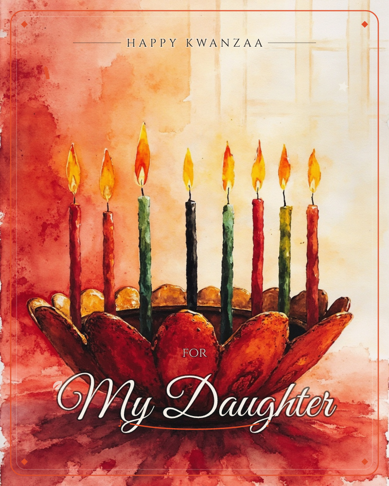A watercolour menorah shaped like an open flower holds eight lit candles in red, green, and black, each flame glowing against a warm, washed background…, a kwanzaa e-card design