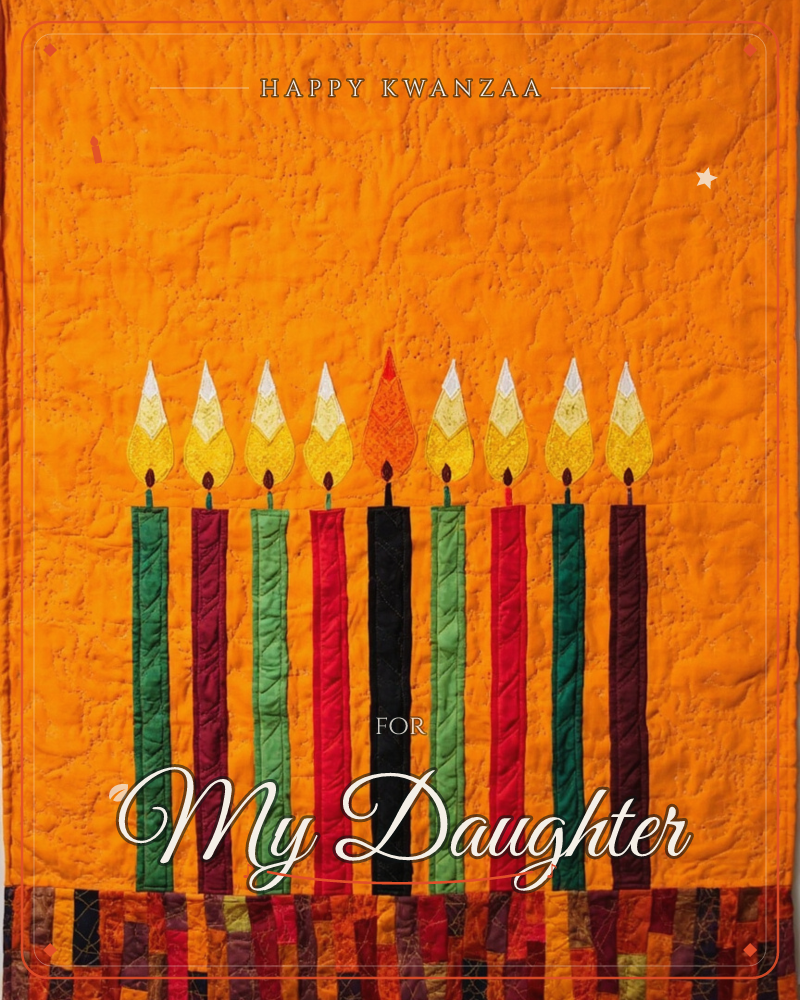 A row of nine tall candles stands against a glowing quilted orange background, their fabric flames appliqued in golden yellow with one central candle…, a kwanzaa e-card design