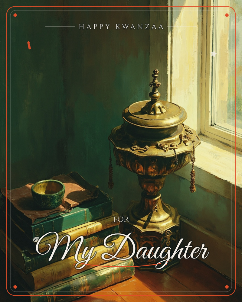 A gilded, lidded urn sits beside a sunlit windowpane, its brass tassels and finial catching warm afternoon light against a deep green wall, a kwanzaa e-card design