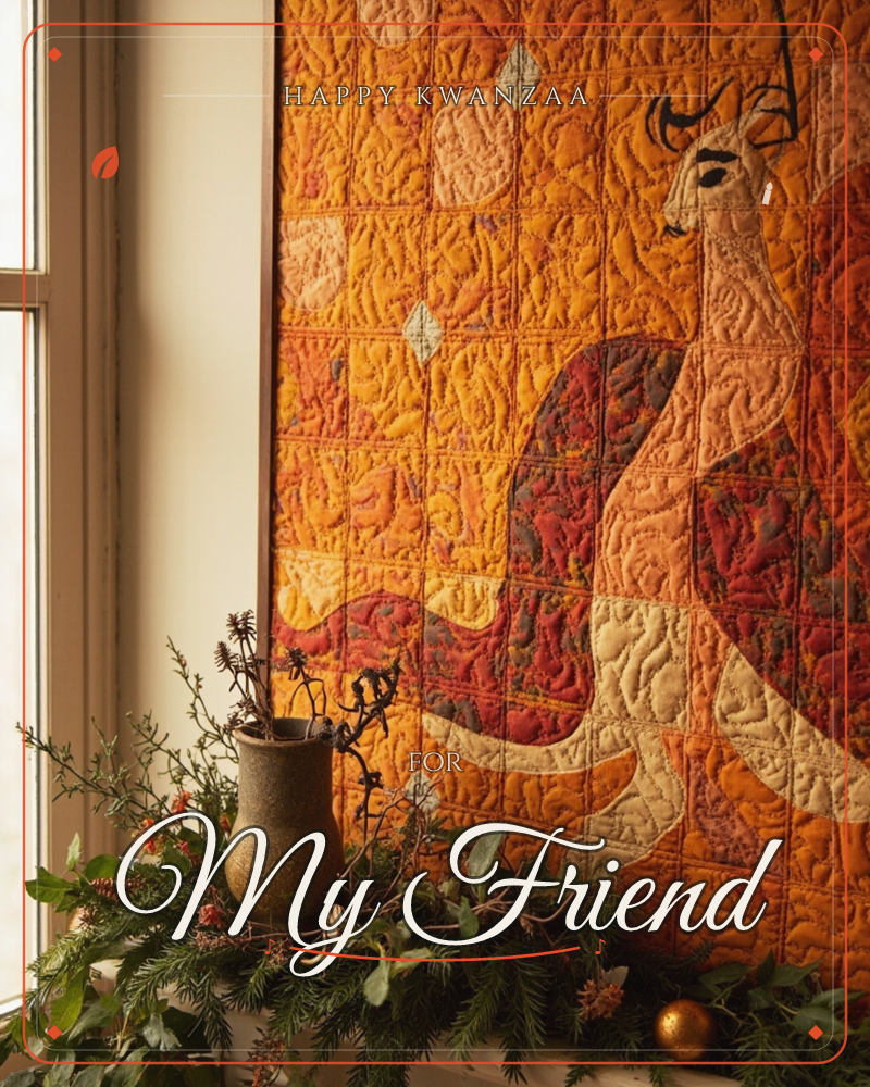 A quilted tapestry stitched with a leaping deer in warm rust, amber and cream hangs beside a sunlit window, its patchwork squares glowing in the late…, a kwanzaa e-card design
