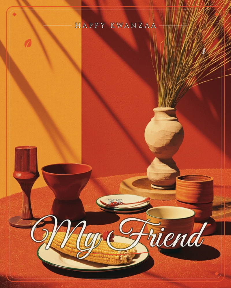 A sunlit still life shows an ear of corn on a plate, ceramic bowls, cups and a stacked terracotta pot, all arranged on a warm orange tabletop against a…, a kwanzaa e-card design