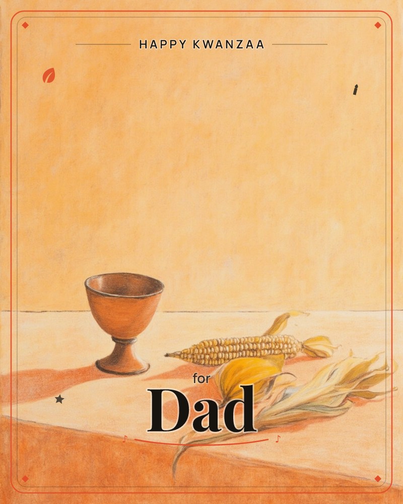 A quiet still life shows a terracotta goblet and an ear of corn with its papery husk peeled back, resting on a pale tabletop against a warm amber wall, a kwanzaa e-card design
