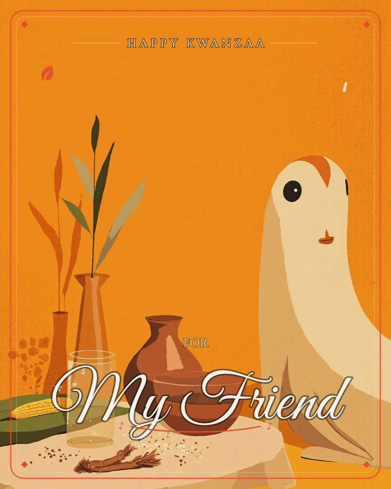 A stylised barn owl with a curved white face turns its head beside a still-life of ceramic vases, a glass, and dried reeds, all set against a glowing…, a kwanzaa e-card design