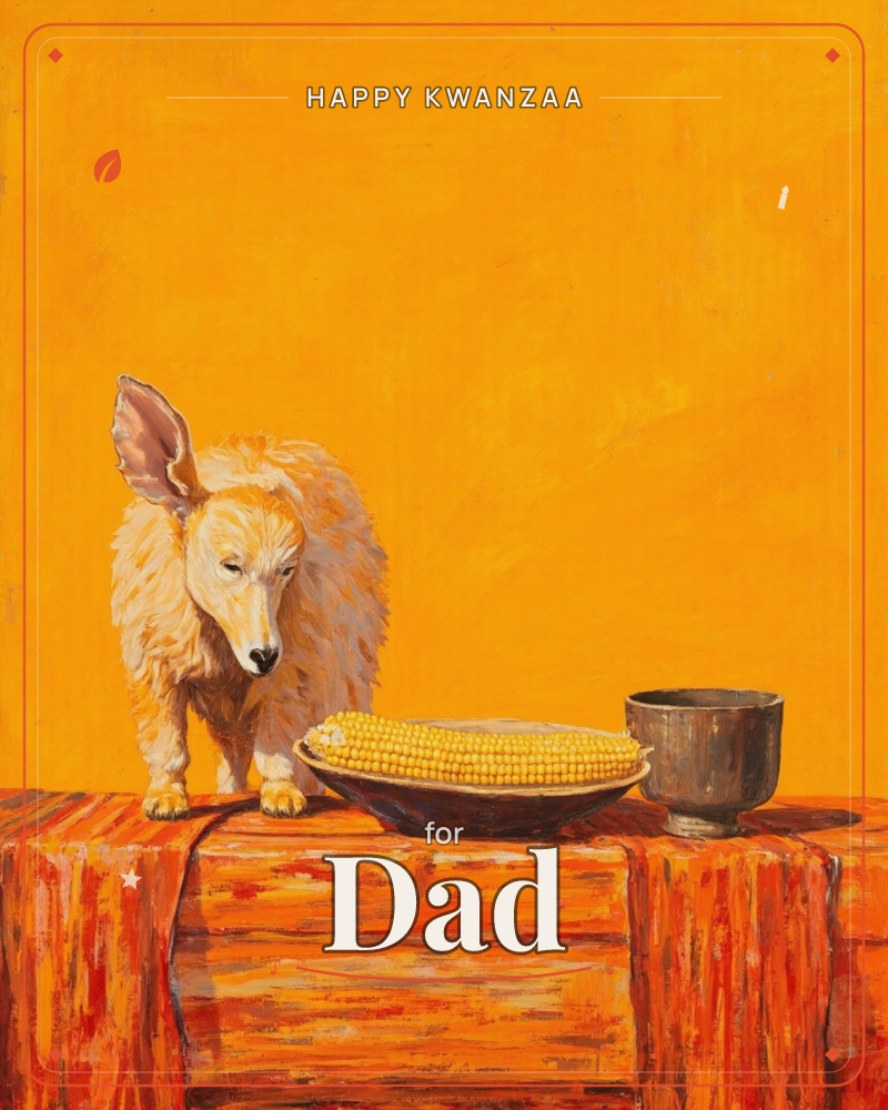 A pale, shaggy dog with one ear raised stands on a rough wooden table beside a bowl of corn on the cob and a small dark cup, a kwanzaa e-card design