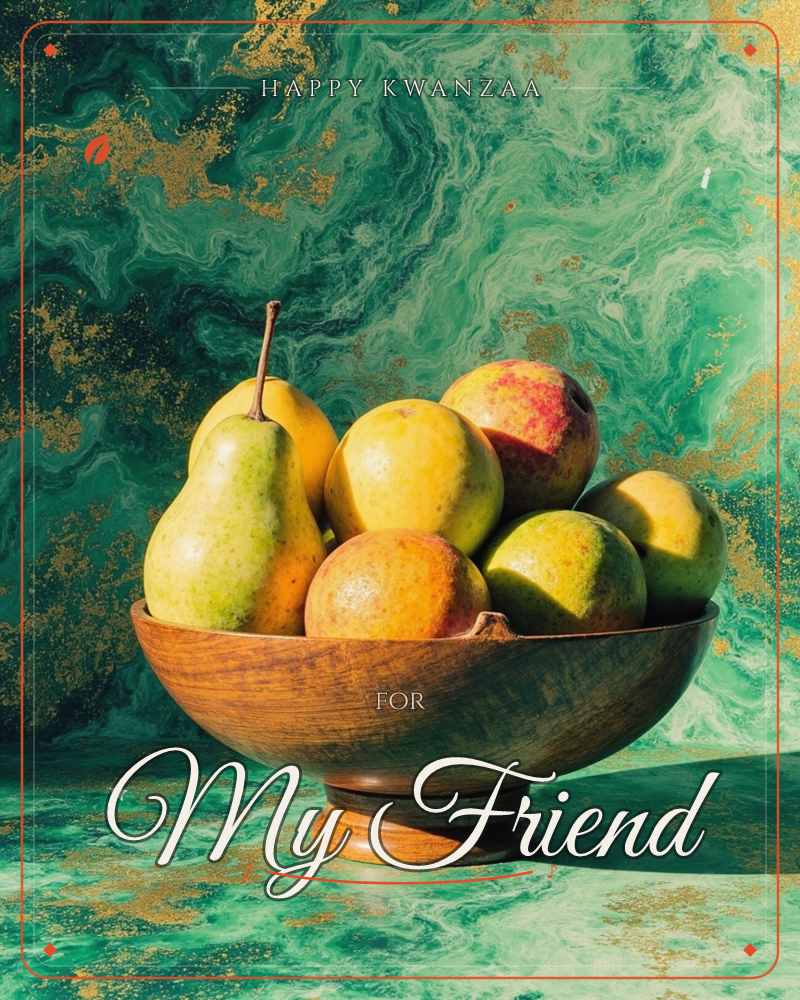 A wooden bowl sits piled high with pears, apples and citrus, their yellow, green and blush-red skins glowing against a marbled emerald backdrop veined…, a kwanzaa e-card design