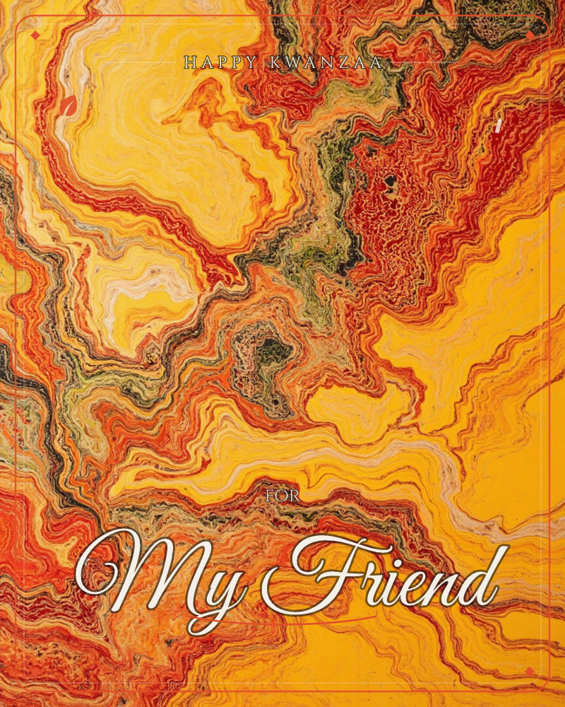 An abstract swirl of molten colour fills the card, with rippling bands of gold, amber and deep red flowing like liquid marble or agate stone, a kwanzaa e-card design