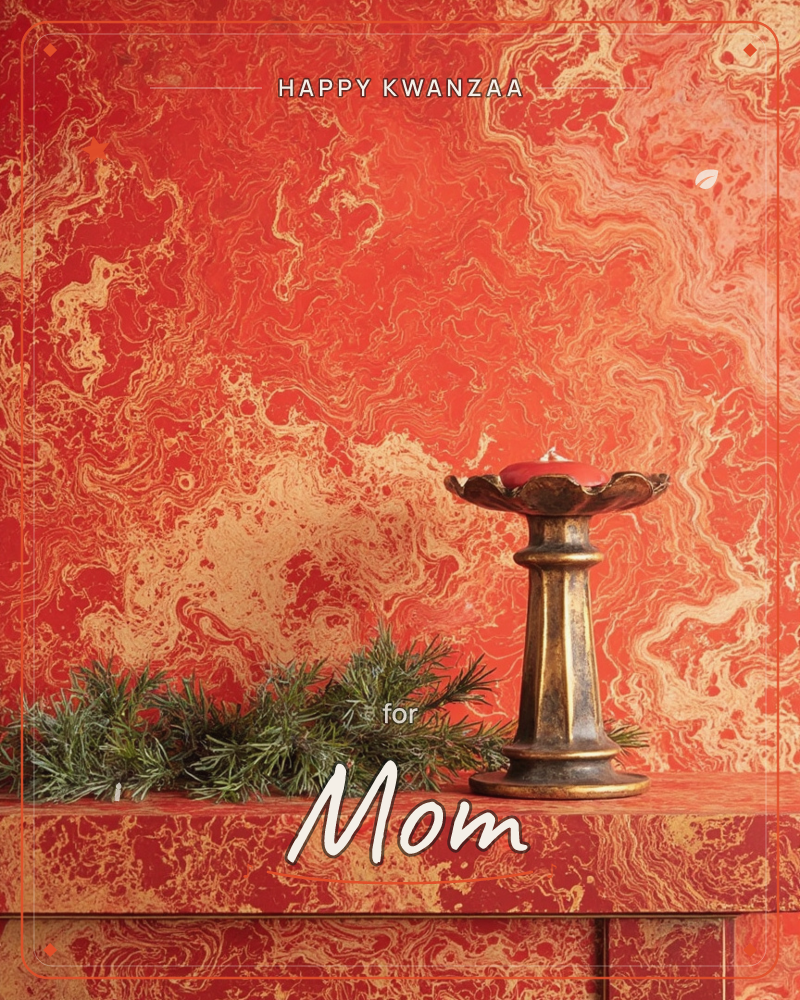 A single red candle burns in a flower-shaped bronze holder, set against a swirling marbled backdrop of fiery red and gold, a kwanzaa e-card design