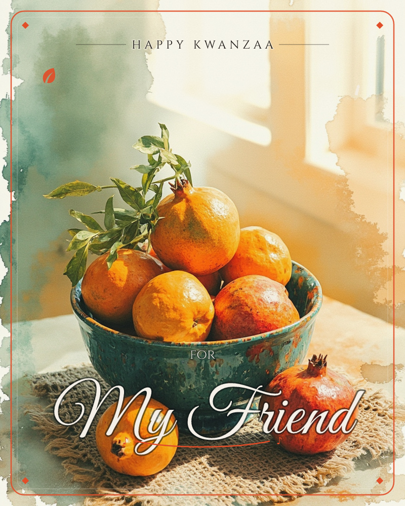 A weathered turquoise bowl overflows with citrus fruit and pomegranates, a few loose leaves still clinging to their stems, set on a lace cloth beside a…, a kwanzaa e-card design