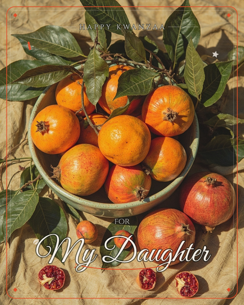 A ceramic bowl piled high with sun-ripened persimmons and pomegranates sits on rumpled linen, glossy leaves still attached to their branches spilling…, a kwanzaa e-card design