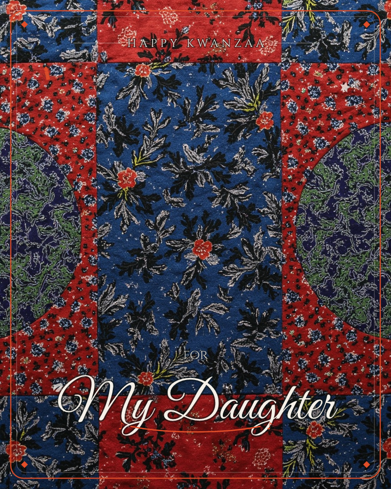 A patchwork of quilted fabric fills the frame, with a deep navy panel of black and cream leafy branches and small red blossoms bordered by red calico…, a kwanzaa e-card design