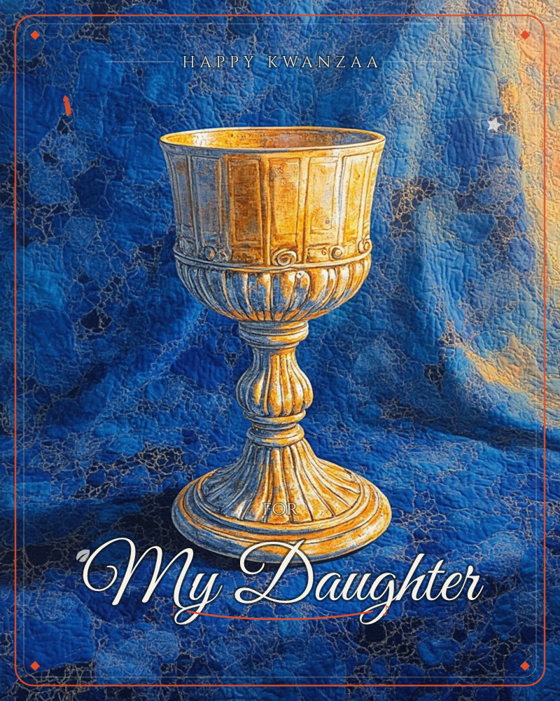 A gilded chalice with a fluted stem and ribbed bowl stands against a richly draped blue fabric backdrop, its crackled texture catching the light, a kwanzaa e-card design