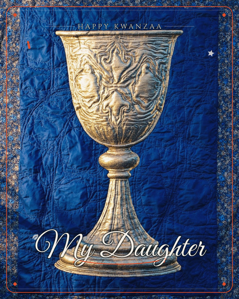 An ornate silver goblet with an engraved cross and figures on its bowl stands against a deep blue quilted fabric background, bordered by strips of…, a kwanzaa e-card design