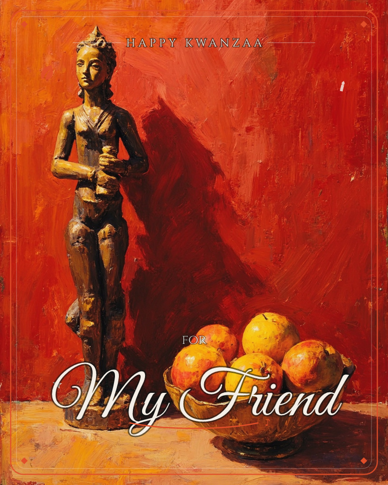 A carved wooden figurine stands beside a bowl heaped with pomegranates, both set against a deep red wall streaked with warm brushwork, a kwanzaa e-card design