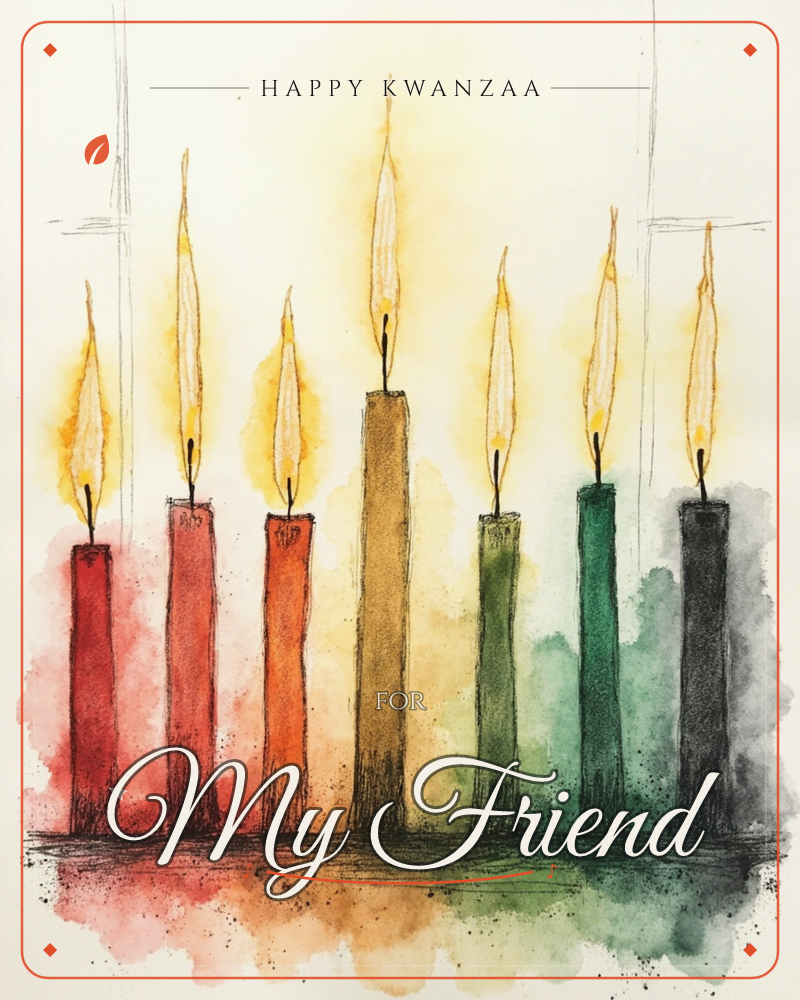 Seven candles stand in a row against a soft, glowing background, each rendered in ink and watercolour with loose bleeding washes beneath crisp…, a kwanzaa e-card design