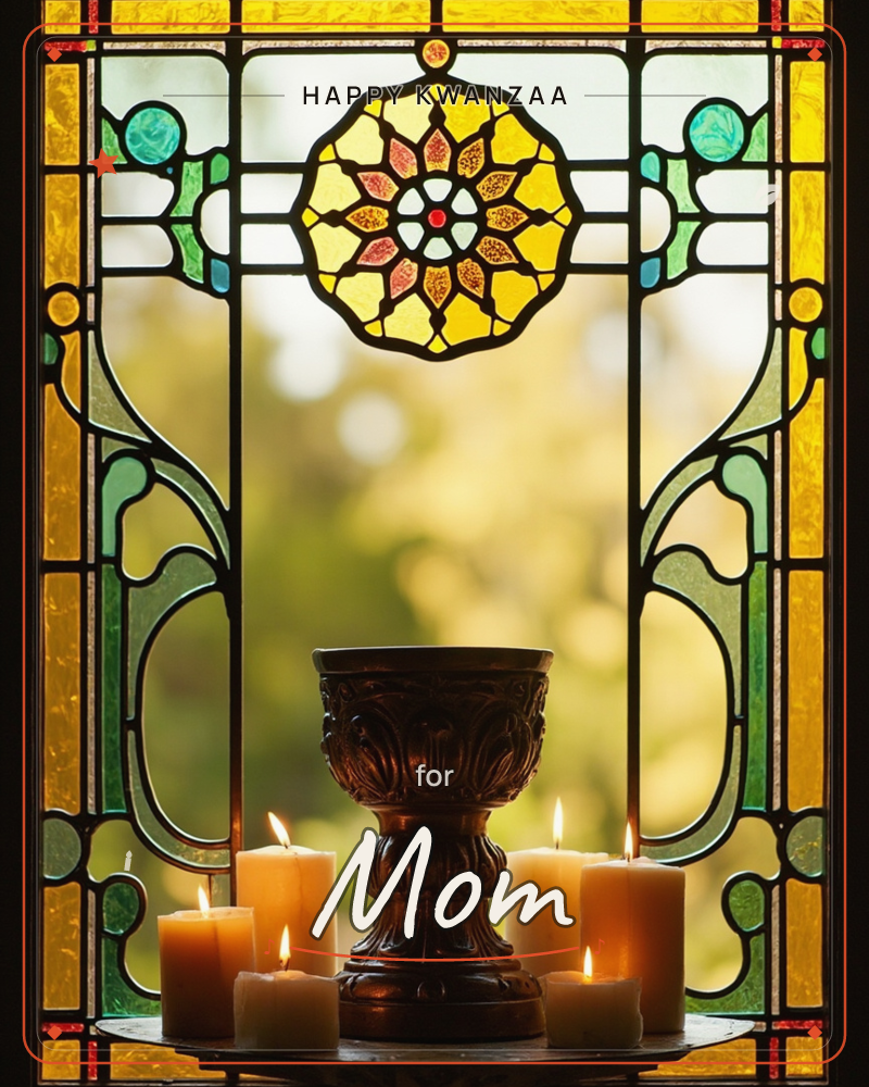 A stained-glass window in amber, gold and jade glows with a central floral medallion, warm light filtering through from a sunlit garden beyond, a kwanzaa e-card design