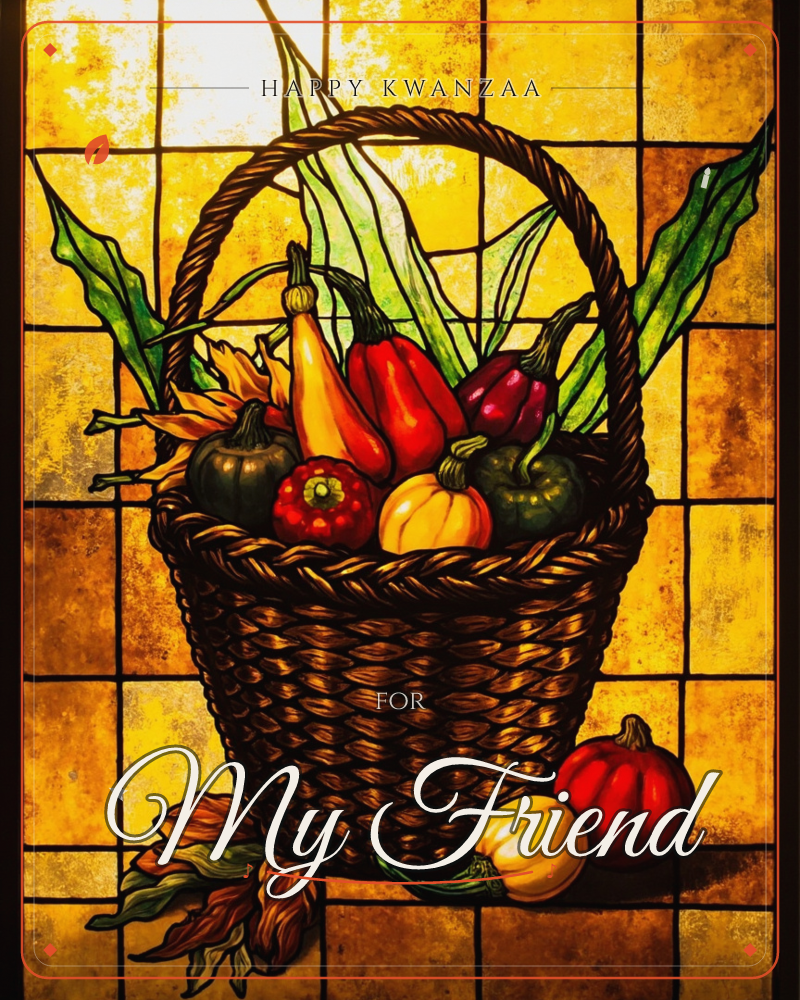 A woven wicker basket overflows with autumn gourds and peppers in deep red, orange, green and gold, long corn husks and leaves arching up behind it, a kwanzaa e-card design